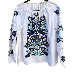 Frances Valentine Saskia Blue Embroidered Crochet Floral Boho Peasant Blouse 1X